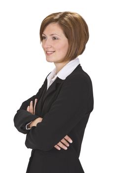 Profile of a smiling businesswoman against a white background.
