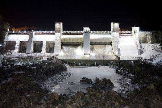 Imatrankoski dam photographed on a winter night.