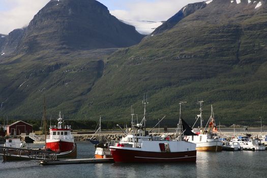 A small harbor by mountains in North Norway.