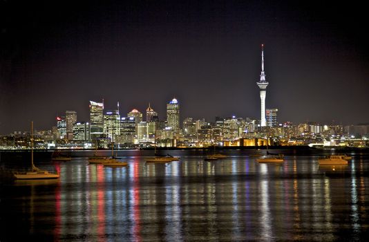 Auckland City skyline at night, North Island, New Zealand.