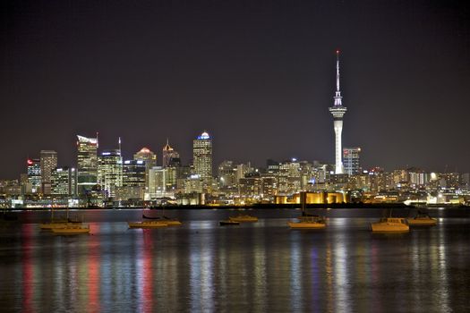 Auckland City skyline at night, North Island, New Zealand.