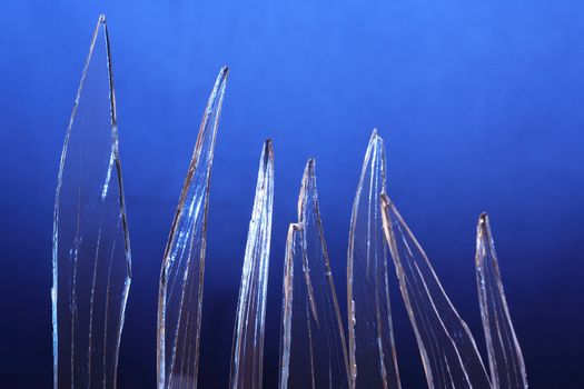 Closeup of few pieces of cracked glass on blue background