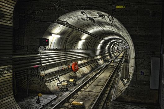 A dark tunnel at Corona LRT station in Edmonton, Alberta, Canada.