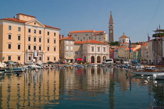 Old coastal city Piran with port in Slovenia.
