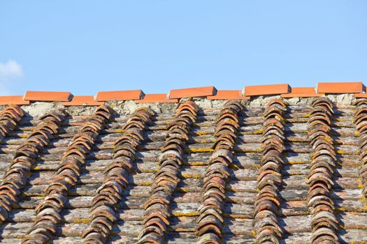 Old roof with shingles of terracotta