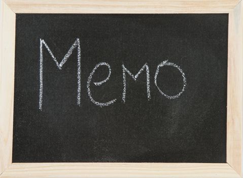 Black chalk board with wooden framed surround with the word Memo.