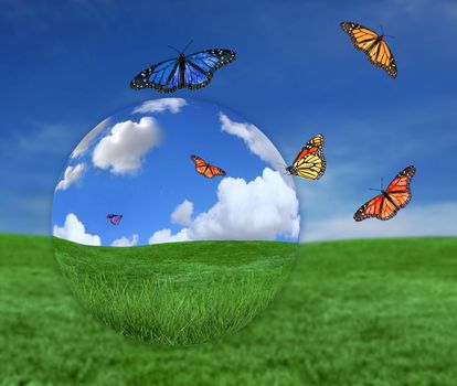 Green Planet Symbolized With Beautiful Landscape and Butterflies