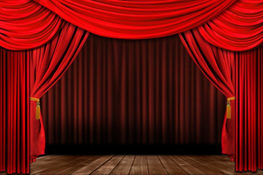 Dramatic red old fashioned elegant theater stage with velvet curtain drapes