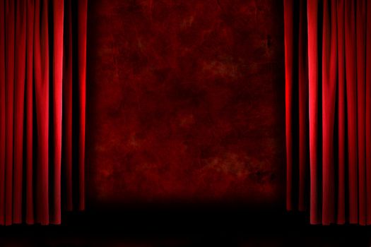 Red old fashioned grungy elegant theater stage curtain drapes