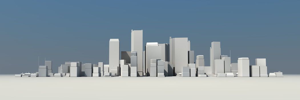 wide 3D cityscape model at daytime with a blue sky in the background - buildings are casting shadows