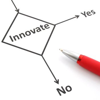 business innovation concept with flowchart and pen on white