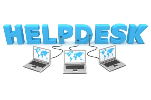 three laptops with a world map connected to the blue 3D word HELPDESK