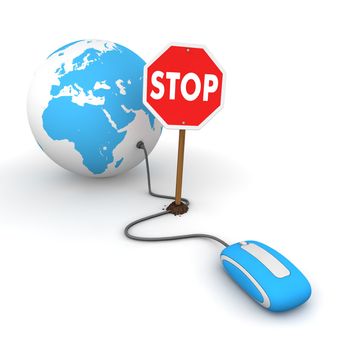 blue computer mouse is connected to a blue globe - surfing and browsing is blocked by a stop sign that cuts the cable