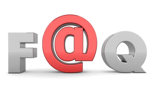glossy grey word FAQ - letter a is replaced by a shiny red AT-symbol