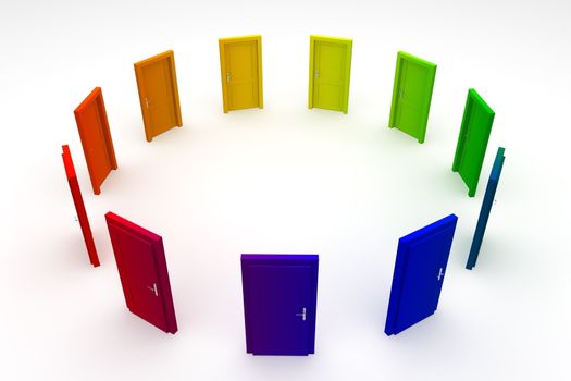 circle of eleven closed doors in different colours - rainbow look