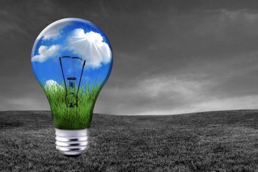 Global Concept of Green Energy Solutions With Light bulb and Planet on Bright Landscape