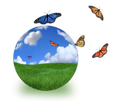 Green Planet Symbolized With Beautiful Landscape and Butterflies