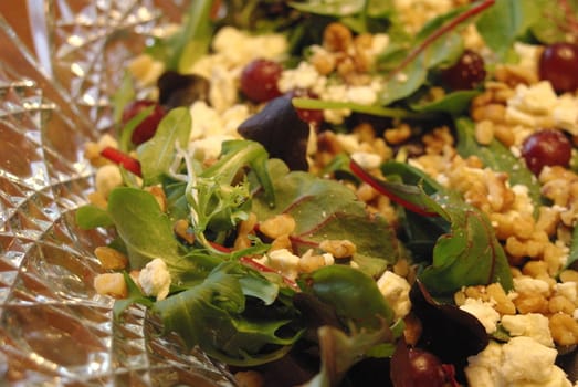 Green salad with grapes, walnuts and blue cheese