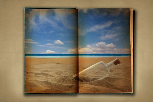 Distressed Vintage Stained Old Book With Ocean Photograph Displayed