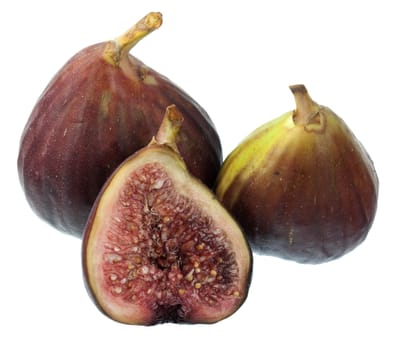 three fresh Turkish figs isolated on white, whole fruits and cross section