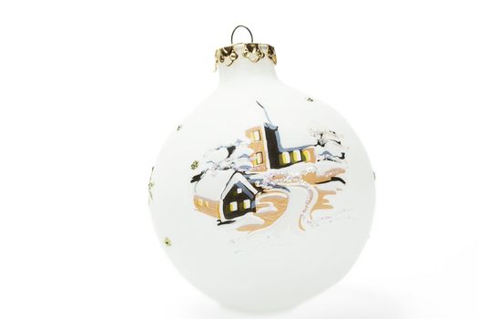 dull christmas ball with village scenic painting on white background