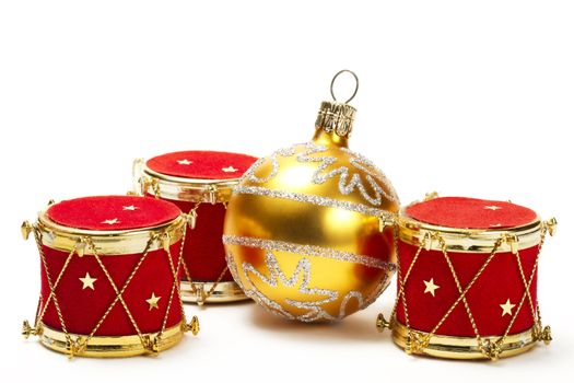 christmas ball and red drum ornaments on white background