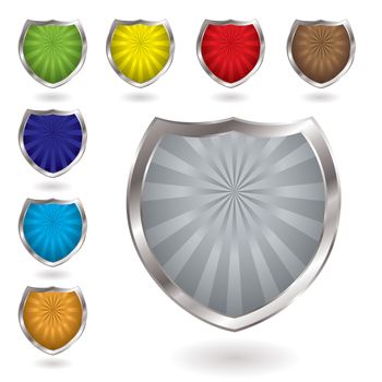 Colorful radiating shields with drop shadow and silver bevel