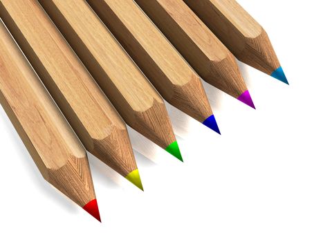 wooden color pencils in arrange in line on white background