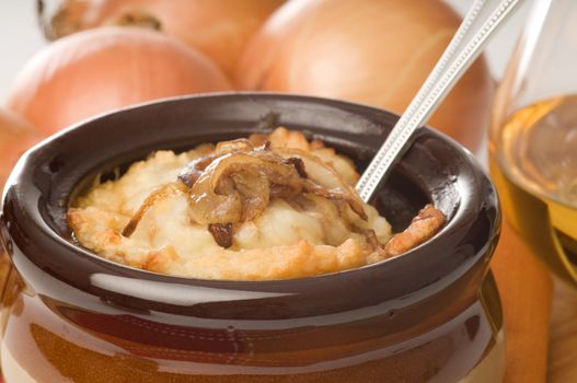 Closeup of bowl of homemade french onion soup.