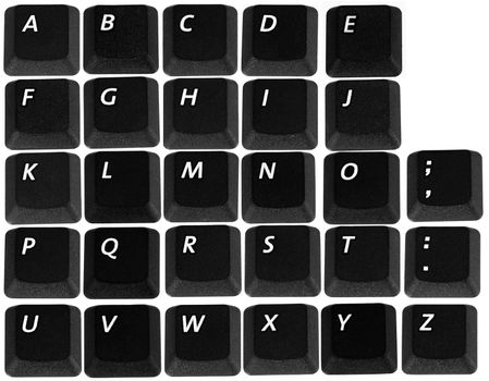 Alphabet made with keyboards buttons, isolated objects, texture of buttons not gloss, black and white