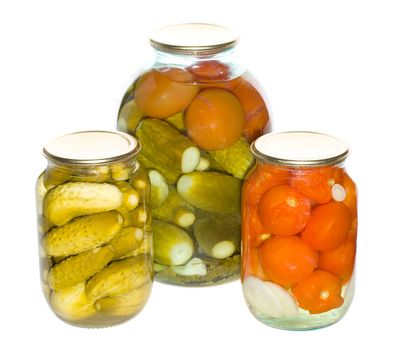 three jar with cucumbers and tomatoes, isolated on white