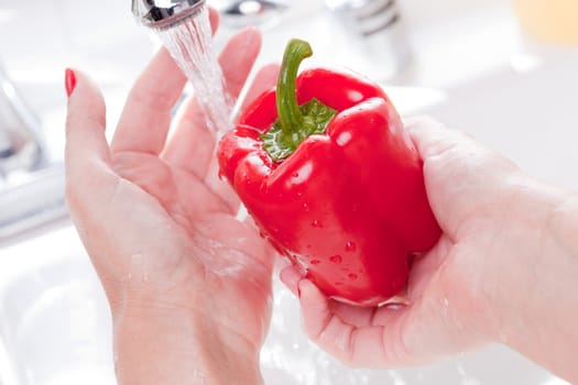 Woman Washing Red Bell Pepper in the Kitchen Sink.