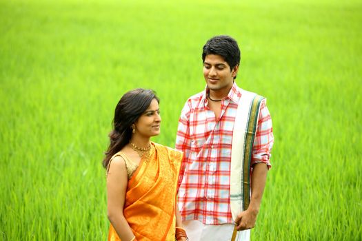 an asian couple standing in a paddy field