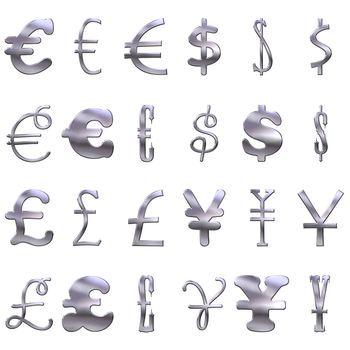 3d eccentric silver currency symbols isolated in white