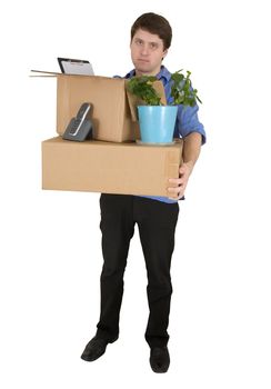 Young man moves in other office isolated on white