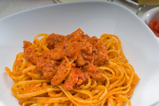 italian spaghetti pasta with fresh homemade tomato and chicken sauce