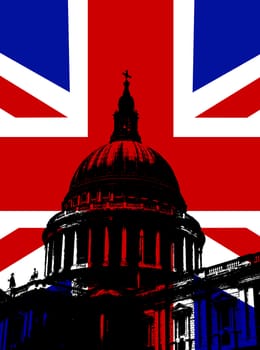 St Paul's Cathedral in London with the UK Flag.
