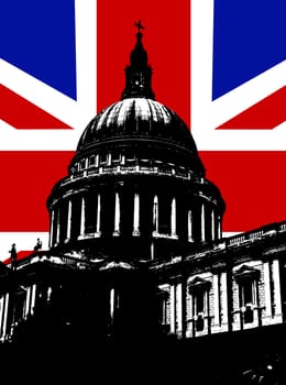 St Paul's Cathedral in London with the UK Flag.