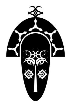 a monochrome stylised design of an african mask