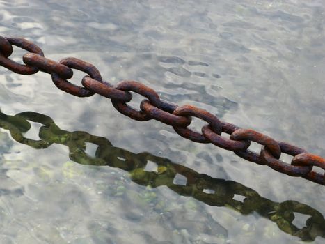image of a boat rusty chain and its water reflection