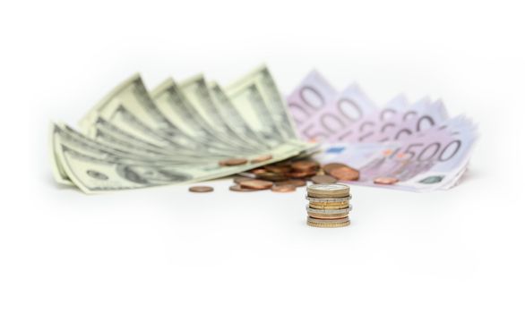 Coins column on white background with dollars and euro bank notes