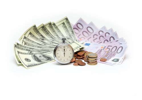 Old stopwatch standing on white background with coins and bank notes