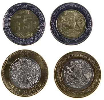 A close-up shot of a Mexican ten and five peso coins.
