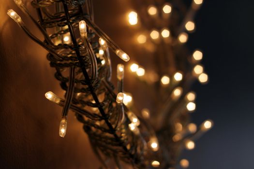 A closeup of bright stringy lights.

