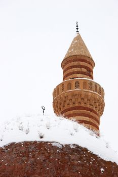 Main dome and minaret of Ishak Pasha Palace. It is an 18th century complex located near Mount Ararat in the Dogubayazit district of Agri province of Turkey.