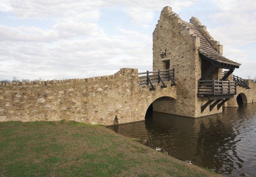 Ancient Medieval Replica Bridge Over River Water.