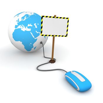 blue computer mouse is connected to a blue globe - surfing and browsing is blocked by a white rectangular sign that cuts the cable - empty template with yellow and black warning stripes