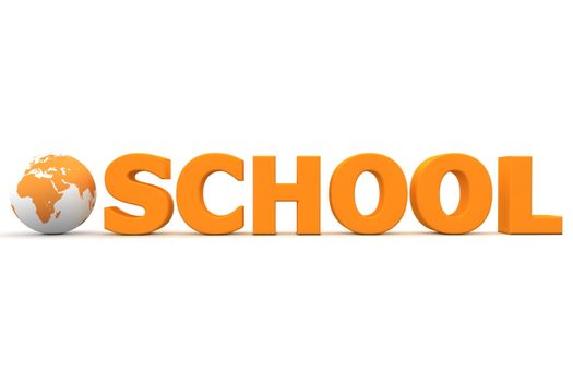 orange word SCHOOL with a 3D globe - front view
