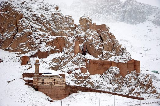 Ruins opposite to Ishak Pasha Palace located near Mount Ararat in the Dogubayazit district of Agri province of Turkey