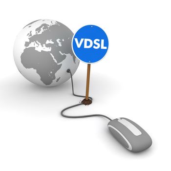 grey computer mouse is connected to a grey globe - surfing and browsing is accompanied by a blue sign with the word "VDSL"